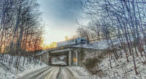 Railroad tracks by bare trees during winter