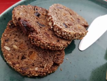 High angle view of cookies in plate