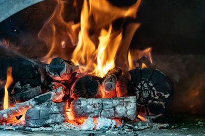 Red, orange and yellow flames from firewood in a oven