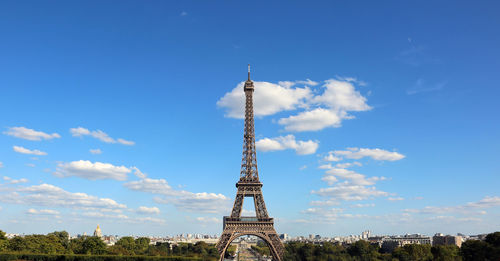 Eiffel tower from trocadero area with clouds on blue sky