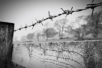 Low angle view of barbed wire against sky