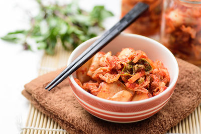 Close-up of noodles in bowl on table