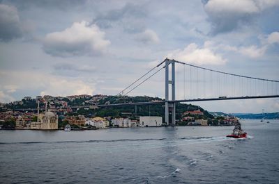 View of bridge over sea against cloudy sky