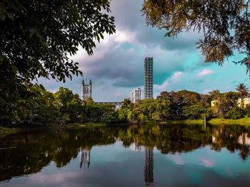 Reflection of trees and buildings in lake