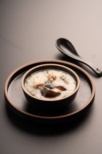 High angle view of soup in bowl on table