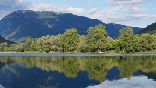 Scenic view of lake and mountains against sky