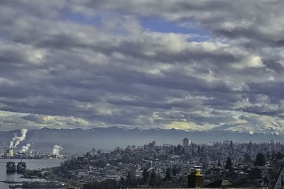 View of cityscape against cloudy sky