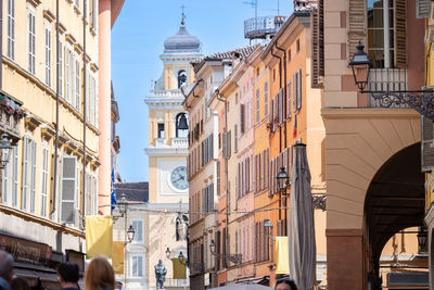 Parma city center, via farini and the central square piazza garibaldi, italy.