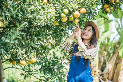 Smiling young woman picking oranges in orchard