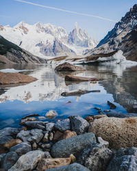 Scenic view of lake by snowcapped mountains against sky