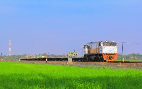 Freight train by field against sky