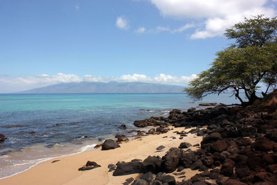 Scenic view of beach with rock and sea against sky