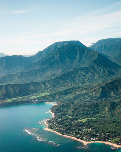 Scenic view of sea and mountains against sky