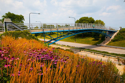 Bridge over field against cloudy sky