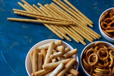 High angle view of pasta in plate on table