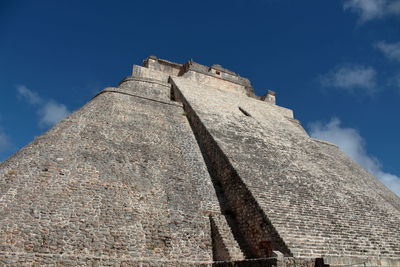 Low angle view of old ruin building against blue sky