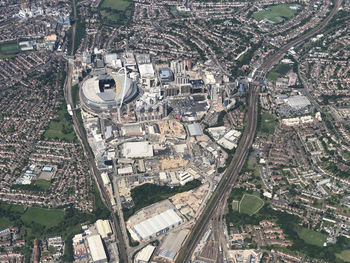 High angle view of city street and buildings