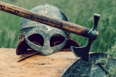 Ancient viking armor. helmet and ax. close-up. historical photo concept