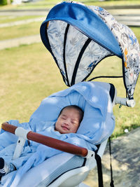 Portrait of a baby boy on a stroller