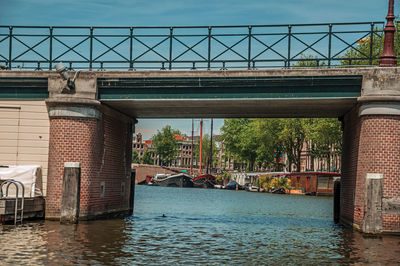 Bridge over river by buildings against sky