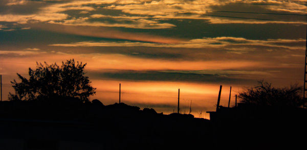 Silhouette trees against dramatic sky during sunset