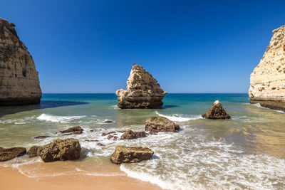 Scenic view of sea against clear blue sky