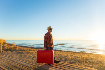 Rear view of person on beach against clear sky