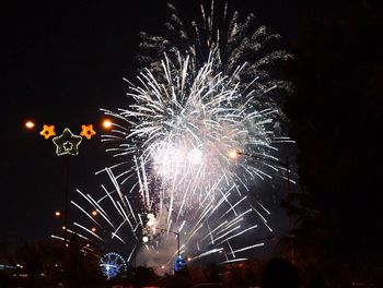 Low angle view of firework display at night