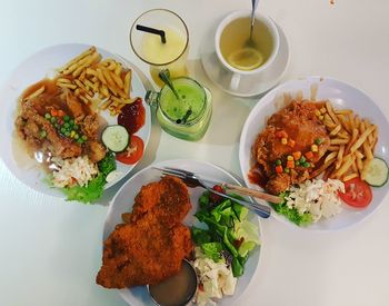 High angle view of food served on table