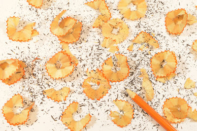 High angle view of orange leaves on white background