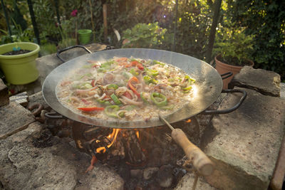 High angle view of food on barbecue grill