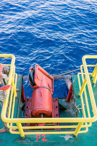 High angle view of boats moored in sea