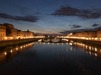 Reflection of illuminated buildings in lake against sky at night