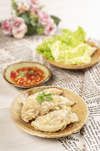 High angle view of food in plate on table