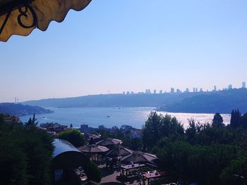 View of cityscape against clear blue sky