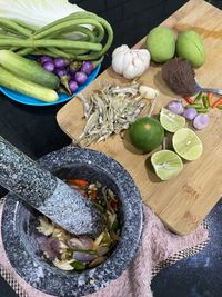 High angle view of vegetables on cutting board