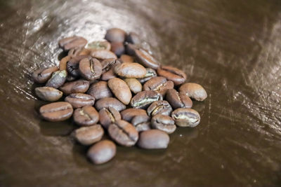 High angle view of coffee beans on table