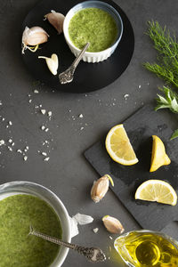 High angle view of fruits in bowl on table