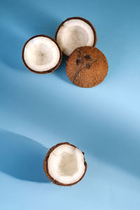 Coconut fruits on blue vibrant plain background, abstract food tropical concept