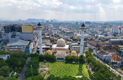 Aerial view of the great mosque of west java province, in bandung city, west java - indonesia.
