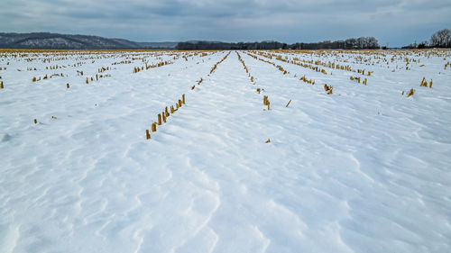 Hills in the background of snow covered fields.