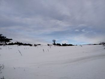 Scenic view of snow covered land against sky