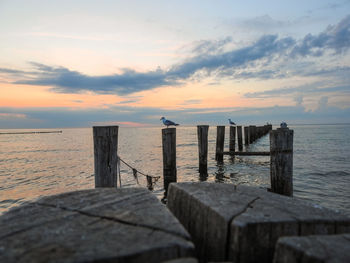 Pier over sea against sky during sunset