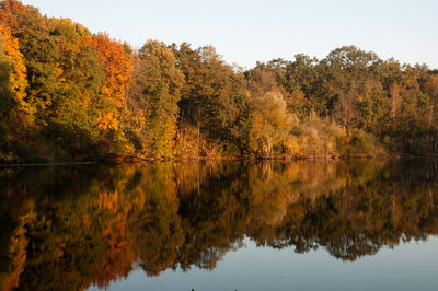 Reflection of trees in lake against sky during autumn