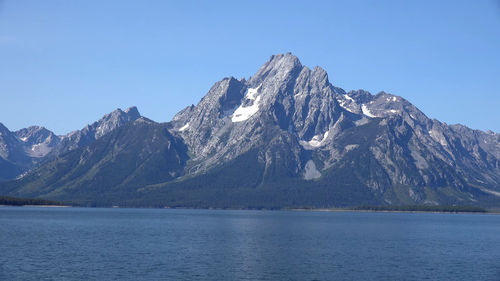 Scenic view of lake and mountains against clear blue sky