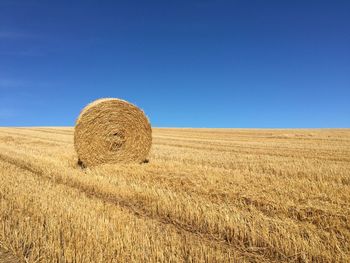 Hay bales in wheat field against clear blue sky