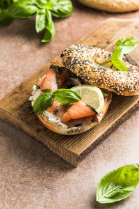 High angle view of food on cutting board