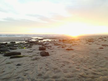 Scenic view of beach against sky during sunset