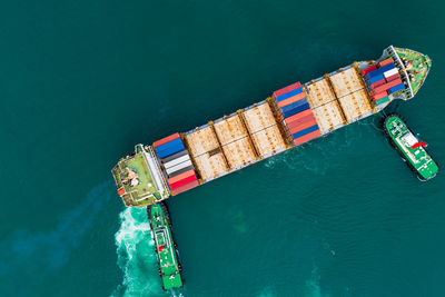 High angle view of ship in sea