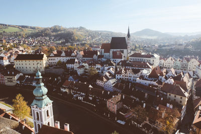 High angle view of townscape against sky in city